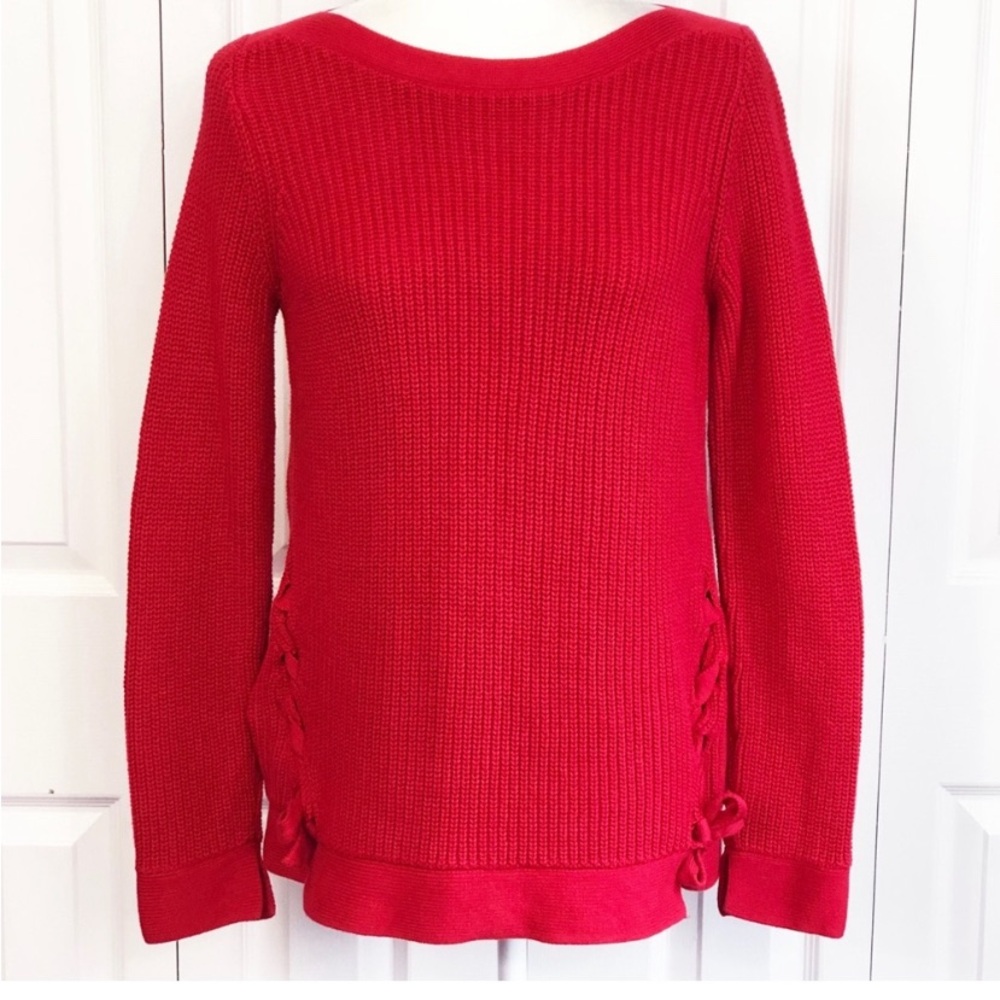 LOFT Red Cable Knit Boatneck Long Sleeve Lace Up Sweater Small